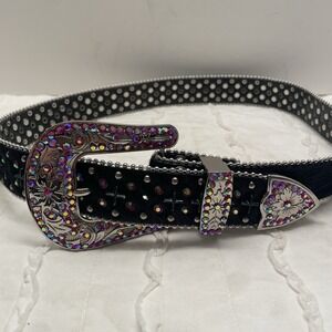 Western Rhinestone Belt Bling Crystal Studded Belt Men Women Size 42 Purple